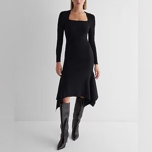 Express Ribbed Square Neck Asymmetrical Hem Midi Sweater Dress